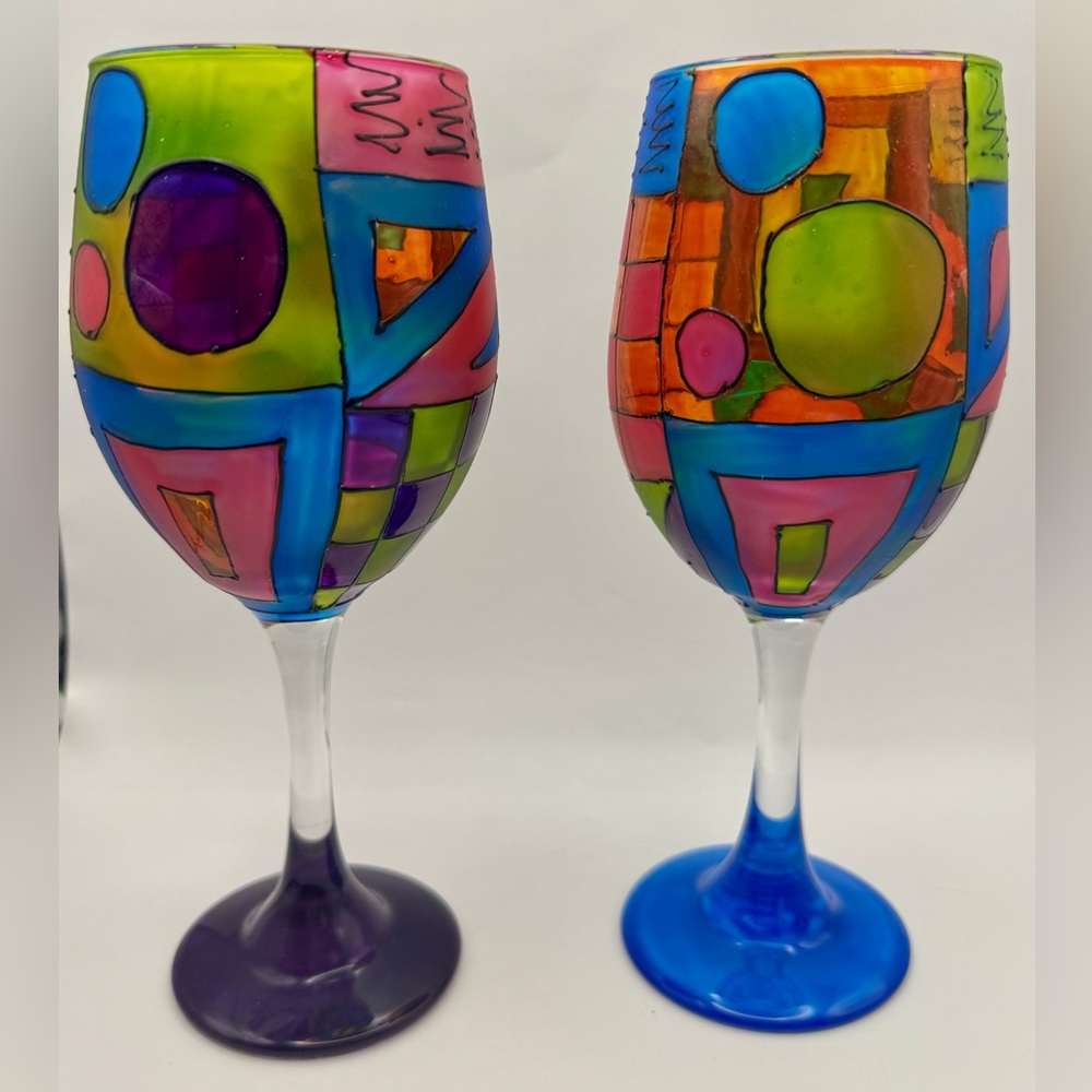 Pair of Handpainted Funktini Wine Glasses Wedding Gift Birthday Gift Colorful - Picture 5 of 7